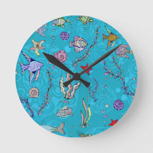 Turquoise Fish Pattern Round Clock