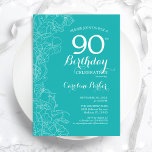 Turquoise Floral 90th Birthday Party Invitation<br><div class="desc">Turquoise Floral 90th Birthday Party Invitation. Minimalist modern design featuring botanical outline drawings accents and typography script font. Simple trendy invite card perfect for a stylish female bday celebration. Can be customised to any age. Printed Zazzle invitations or instant download digital printable template.</div>