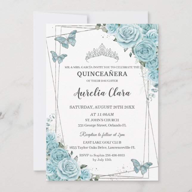 Turquoise Floral Butterflies Silver Quinceañera Invitation (Front)