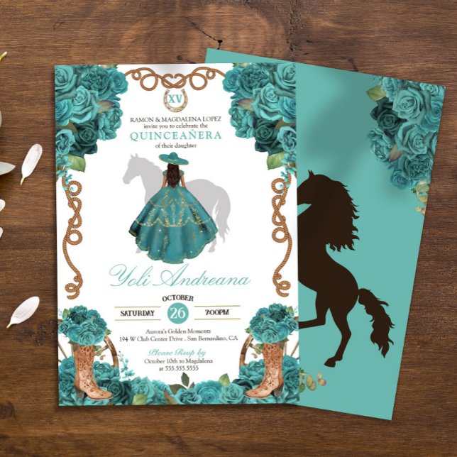 Turquoise Floral Charro Vestidos Quinceanera Invitation (Creator Uploaded)
