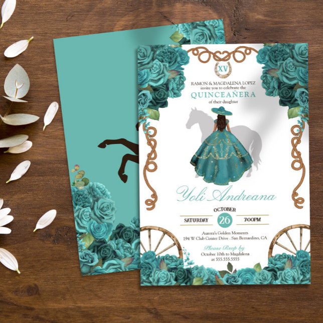 Turquoise Floral Charro Western Ranch Quinceanera Invitation (Creator Uploaded)