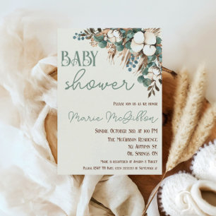 Turquoise Floral, Cotton, Pampas Grass Baby Shower Invitation