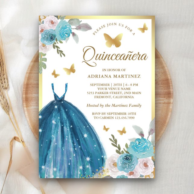 Turquoise Floral Dress Butterfly Gold Quinceanera Invitation (Creator Uploaded)