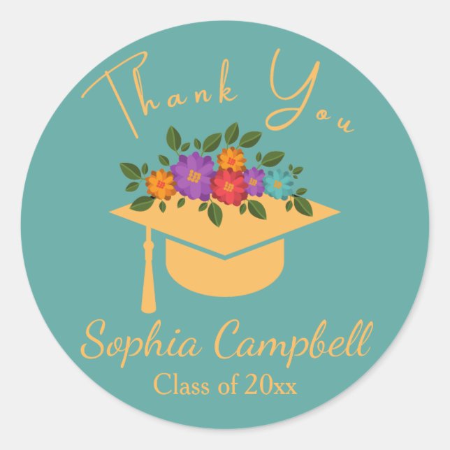Turquoise Floral Graduation Classic Round Sticker (Front)