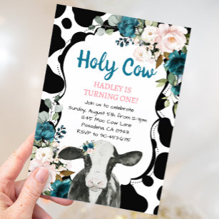 Turquoise Floral Holy Cow I'm One First Birthday Invitation
