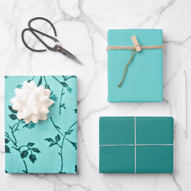 Turquoise floral, medium, bright wrapping paper sheet (Front)