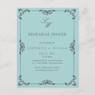 Turquoise Floral Monogram Rehearsal Dinner Card