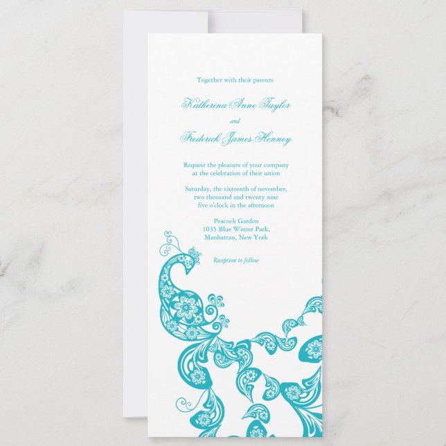 Turquoise Floral Peacock Chic Wedding Invitation 2 (Front)