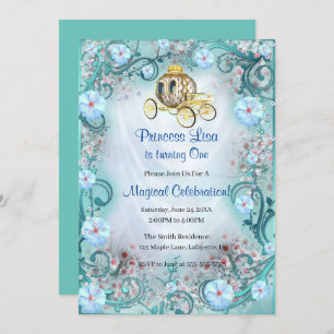 Turquoise Floral Princess Enchanted 1st Birthday Invitation