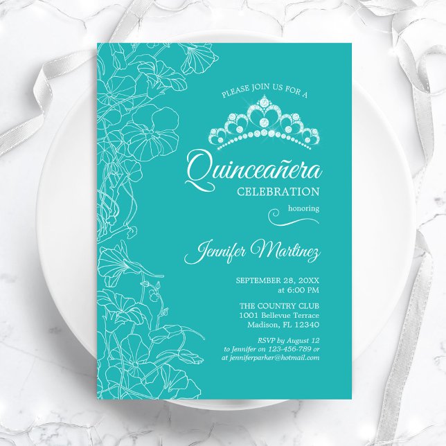 Turquoise Floral Quinceanera Party Invitation (Creator Uploaded)