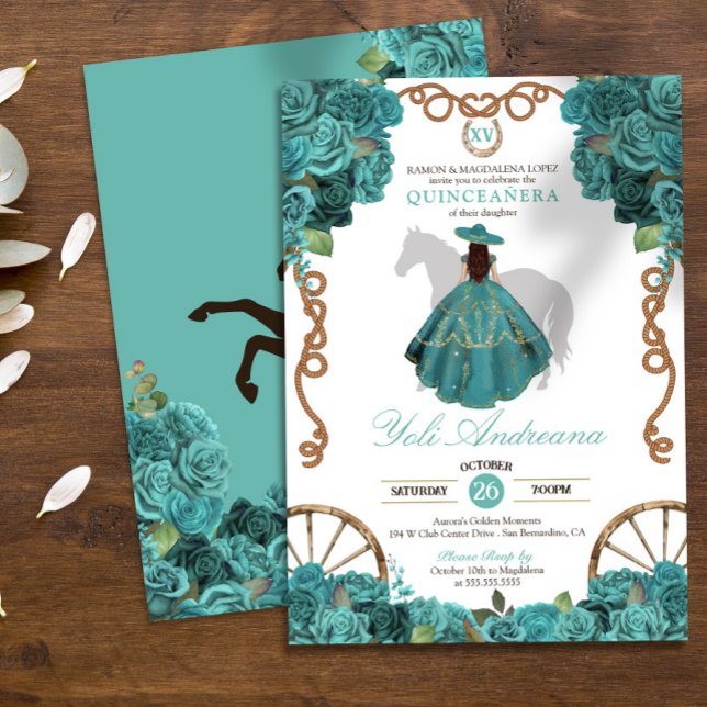Turquoise Floral Rose Rustic Western Quinceanera Invitation (Creator Uploaded)
