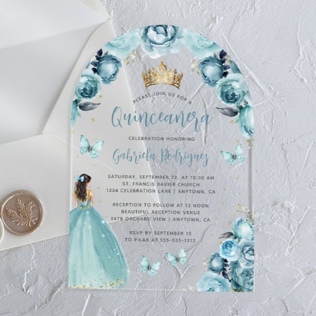 Turquoise Floral Roses Watercolor Quinceañera Acrylic Invitations (Creator Uploaded)