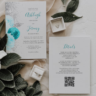 Turquoise Floral Silver Grey QR Code Wedding Invitation