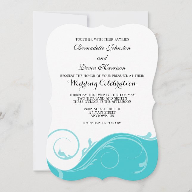 Turquoise Floral Swirl Bracket Wedding Invites (Front)