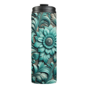 Turquoise Floral tooled Pattern Turquoise Teal Thermal Tumbler