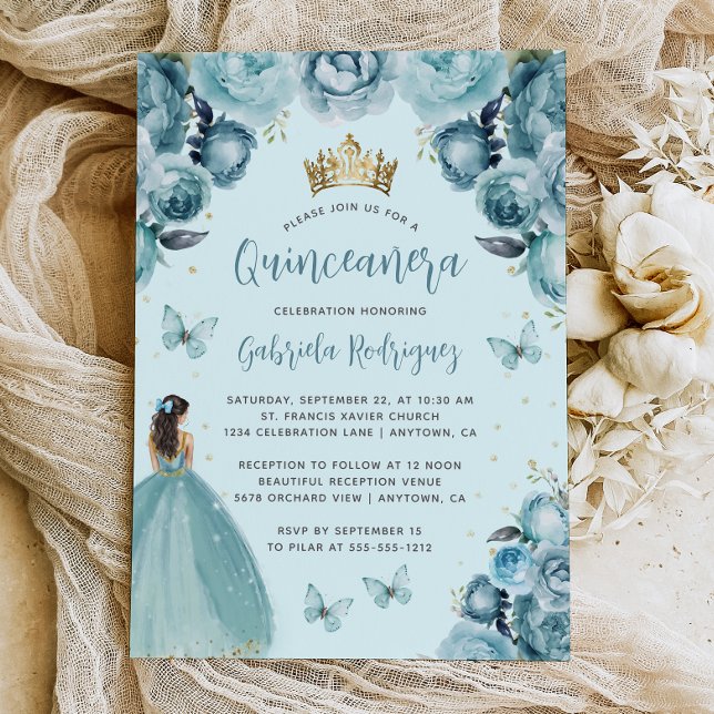 Turquoise Floral Watercolor Princess Quinceañera Invitation (Creator Uploaded)