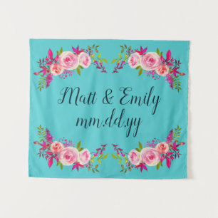 Turquoise Floral Wedding Backdrop Photo Booth Prop Tapestry