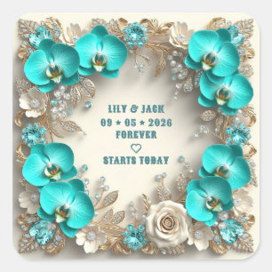Turquoise Floral Wedding Gold Botanical Details Square Sticker