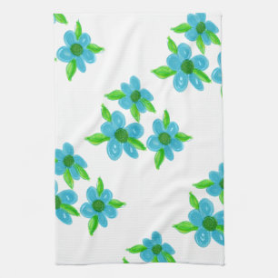 Turquoise flowered pattern tea towel