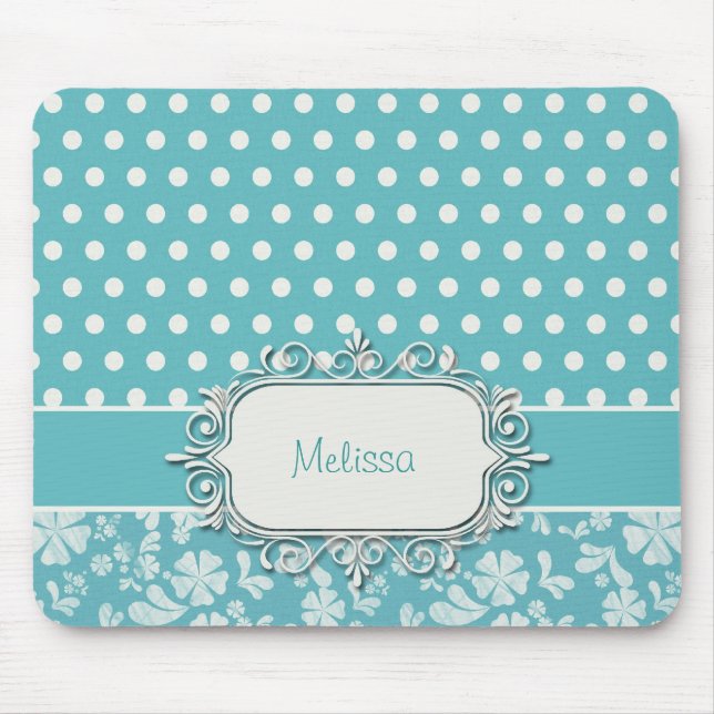 Turquoise Flowers and Polka Dots Mouse Pad (Front)