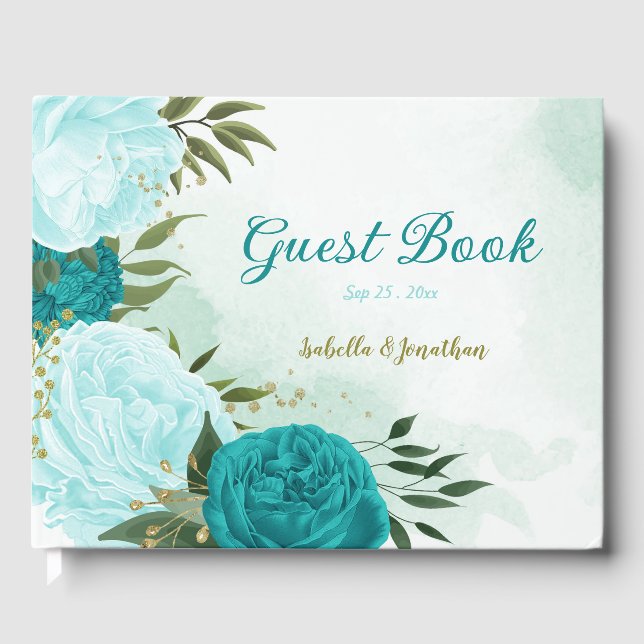 turquoise flowers green leaves guest book (Front)
