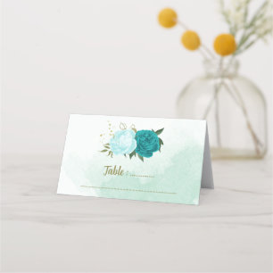 turquoise flowers green leaves place card