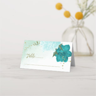 turquoise flowers green leaves place card