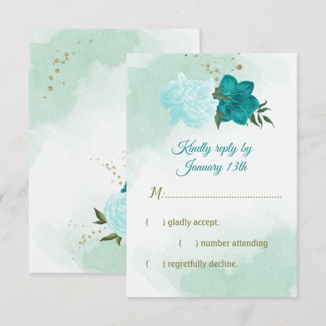 turquoise flowers green leaves RSVP card (Front/Back)