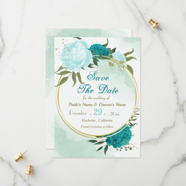 turquoise flowers green leaves save the date (Front/Back In Situ)