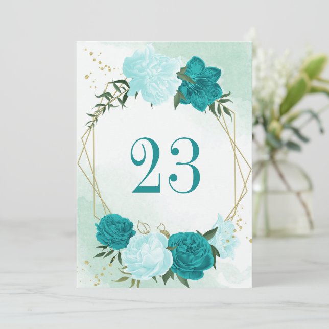 turquoise flowers green leaves table number card (Standing Front)
