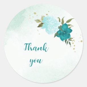 turquoise flowers green leaves wedding classic round sticker
