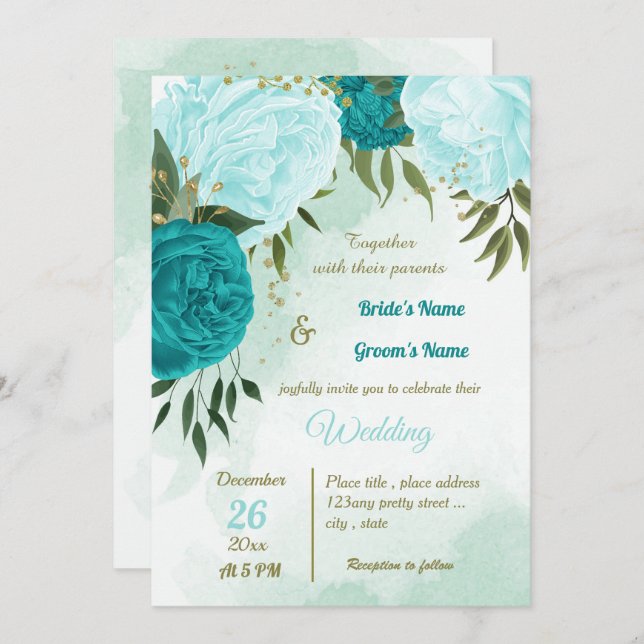 turquoise flowers green leaves wedding invitation (Front/Back)