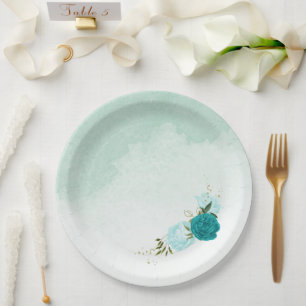 turquoise flowers green leaves wedding paper plate