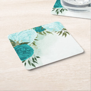 turquoise flowers green leaves wedding square paper coaster