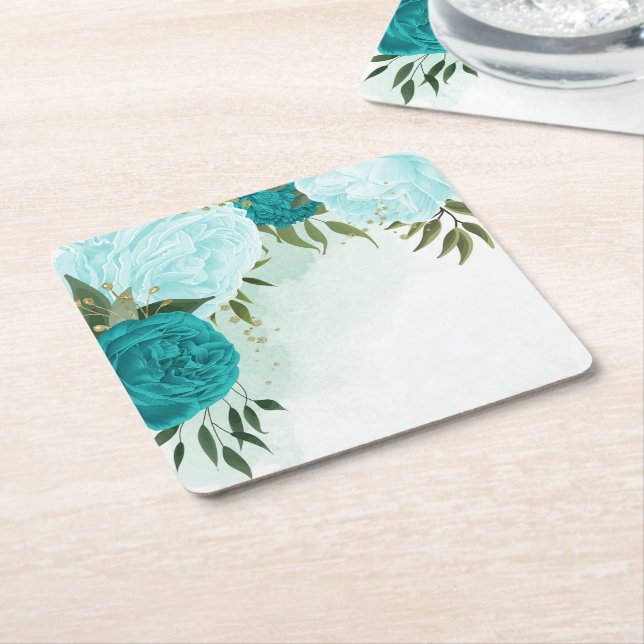 turquoise flowers green leaves wedding square paper coaster (Angled)