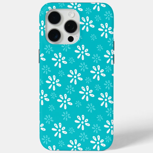 Turquoise Flowers Pattern iPhone 15 Pro Max Case (Back)
