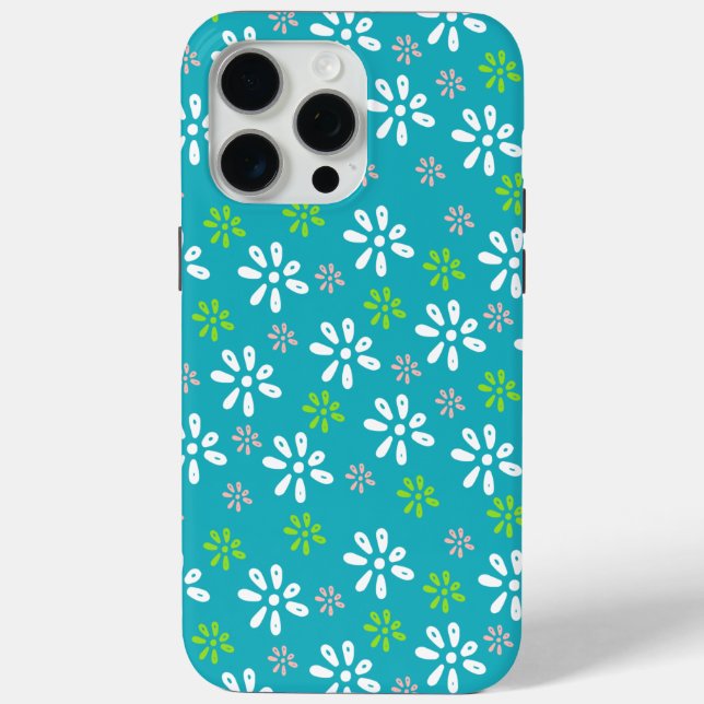 Turquoise Flowers Pattern iPhone 15 Pro Max Case (Back)