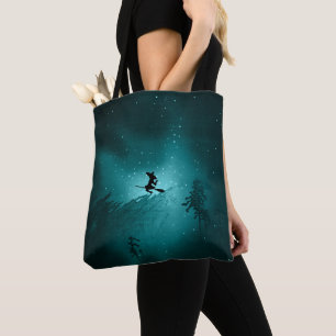 TURQUOISE FLYING HALLOWEEN WITCHES TOTE BAG