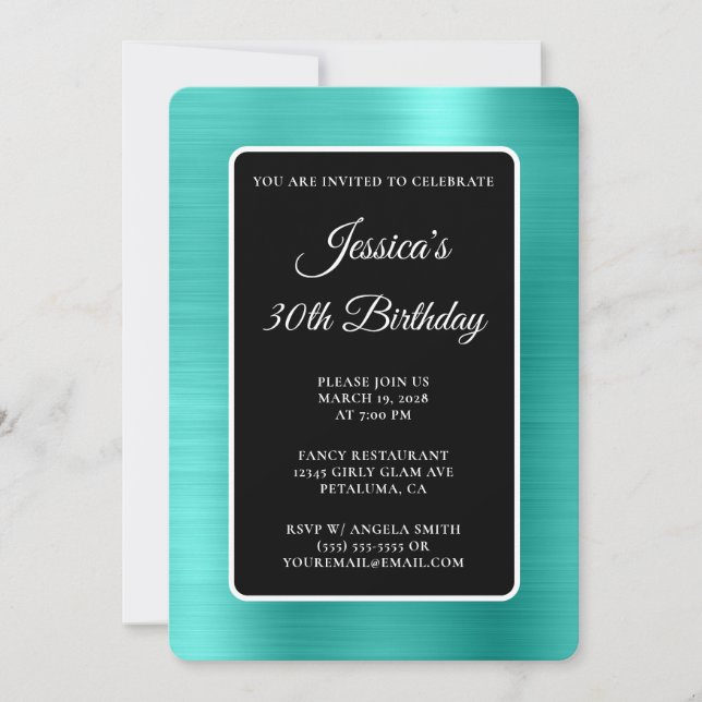Turquoise Foil Black and White 30th Birthday Invitation (Front)