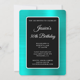 Turquoise Foil Black and White 30th Birthday Invitation