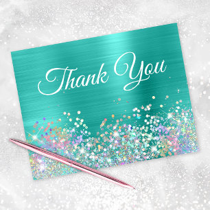 Turquoise Foil Girly Holo Glitter Thank You Card