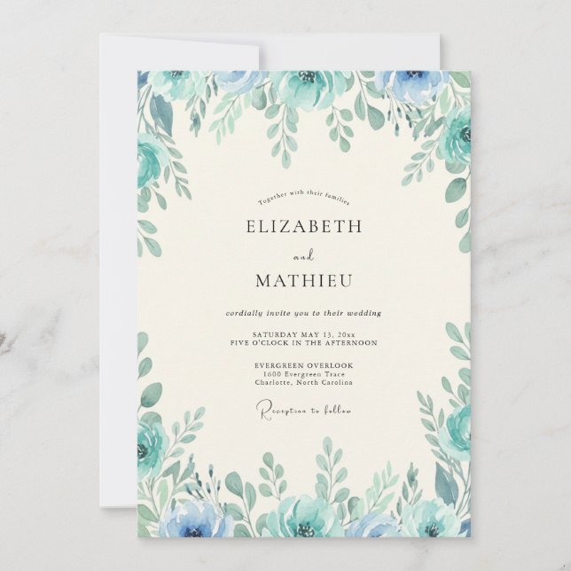 Turquoise Foliage Dusty Eucalyptus Wedding Invitation (Front)