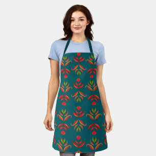 Turquoise Folk Art Floral Print Cosy Rustic Autumn Apron