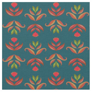Turquoise Folk Art Floral Print Cosy Rustic Autumn Fabric