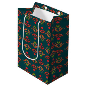 Turquoise Folk Art Floral Print Cosy Rustic Autumn Medium Gift Bag