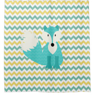 Turquoise Fox on Teal and Yellow Chevron Stripes Shower Curtain