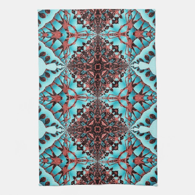 Turquoise Fractal Star Blast Tea Towel (Vertical)