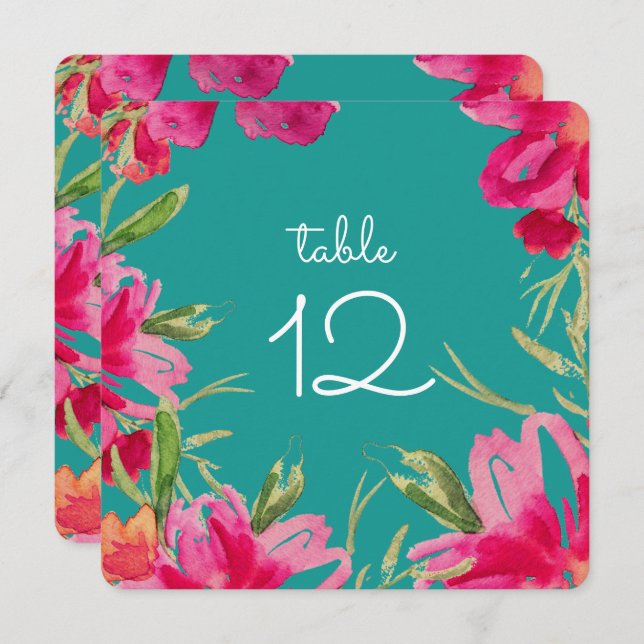 Turquoise Fuchsia Floral Table Number Cards (Front/Back)