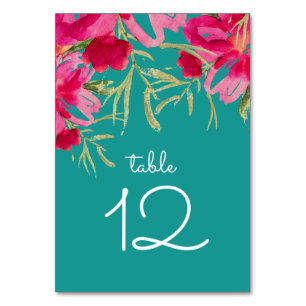 Turquoise Fuchsia Floral Watercolor Wedding Table Number