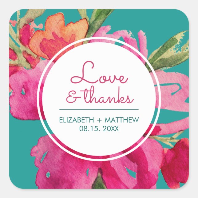 Turquoise Fuchsia Floral Wedding Thank You Square Sticker (Front)